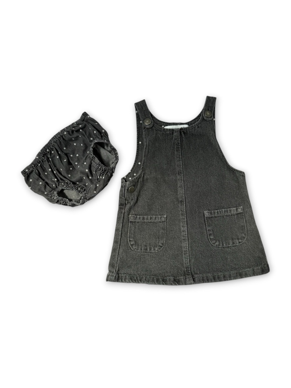 Zara Baby Girls Black Denim Overall Dress with Polka Dot Bloomers - Size 9-12m